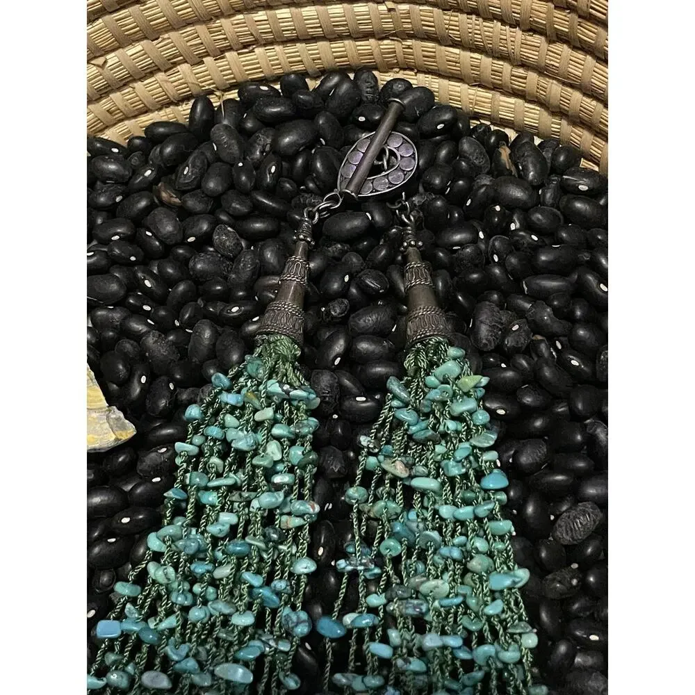 Sterling Silver Layered Multi strand Turquoise Chips Necklace Large Cones Toggle